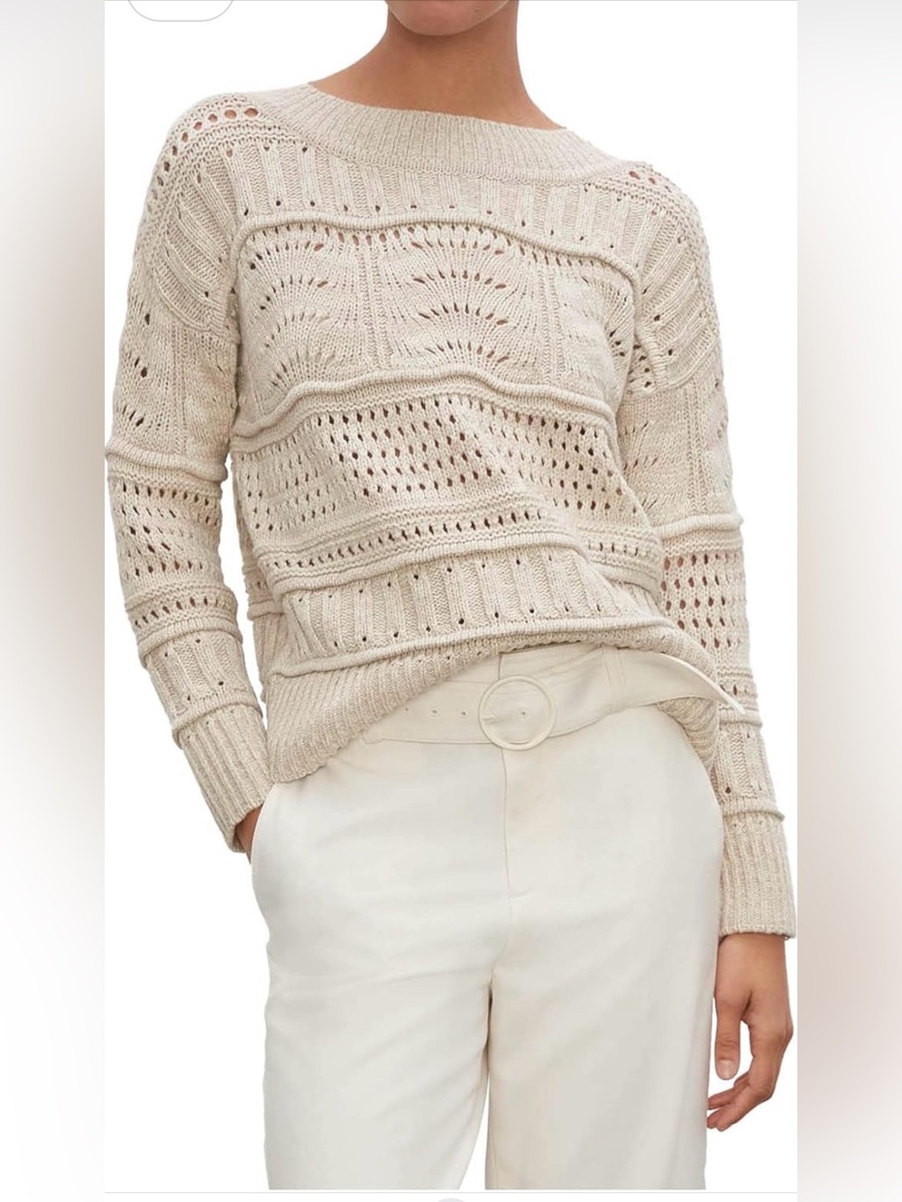 Club Monaco Open-Knit Cream Crewneck Sweater
